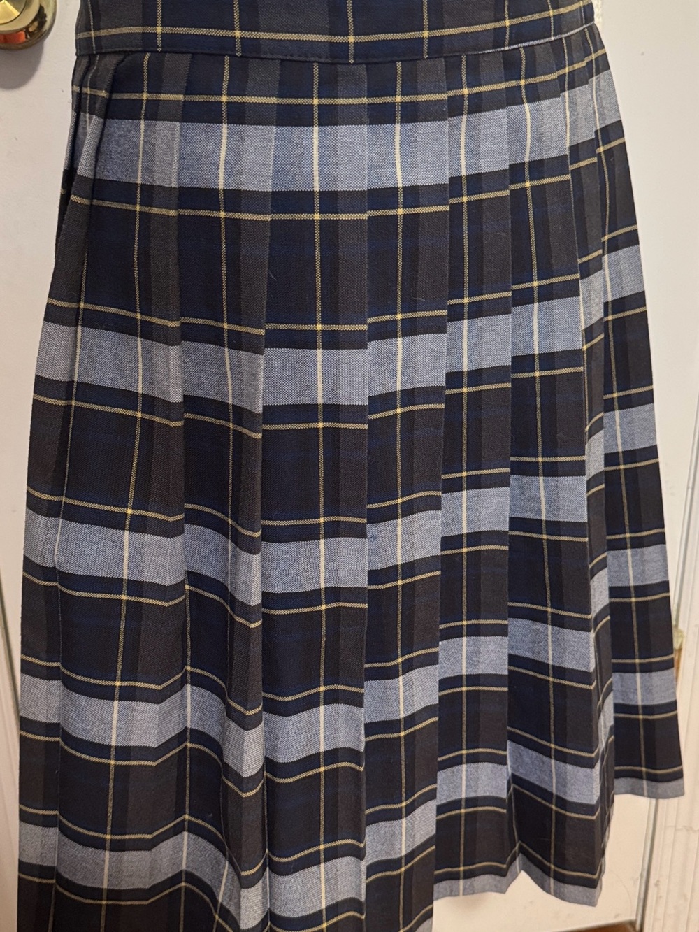 French Toast Navy, Light Gray & Yellow Plaid Pleated Skirt